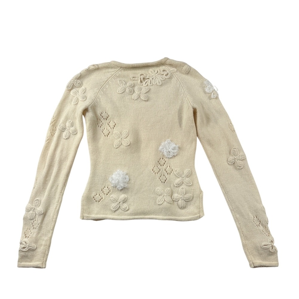 Oilily Womens Cream Lambswool Angora 3D Floral Applique V-Neck Sweater Small - Picture 3 of 9